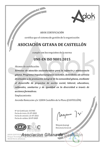 Certificado 9001 asoc gitana castellon
